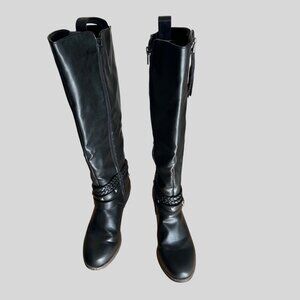 Black Faux Leather Knee-High Boots With Braided Strap & Studs Accents Zipper